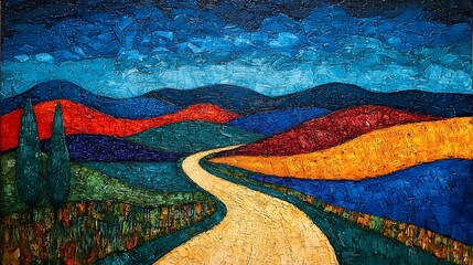 Colorful abstract landscape painting of a winding road through vibrant hills and trees under a dramatic sky.