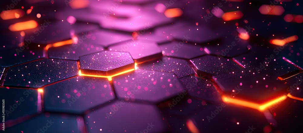 Poster abstract hexagonal pattern with glowing elements and sparkles in a vibrant color scheme.
