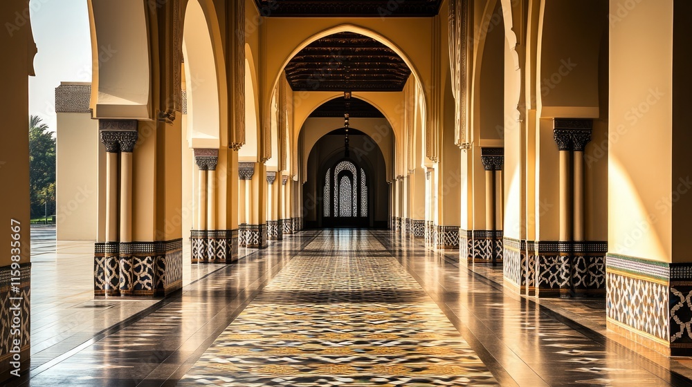 Poster elegant corridor design with arches and intricate floor patterns