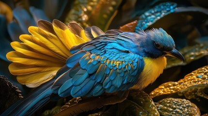 Obraz premium Vivid blue and yellow bird perched on foliage.