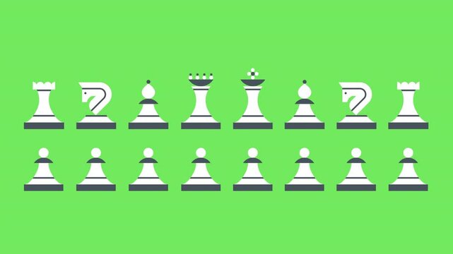 Set of white chess pieces. Chess legion animation on green background. 2D animation. The concept of board games. Alpha channel. 4K.