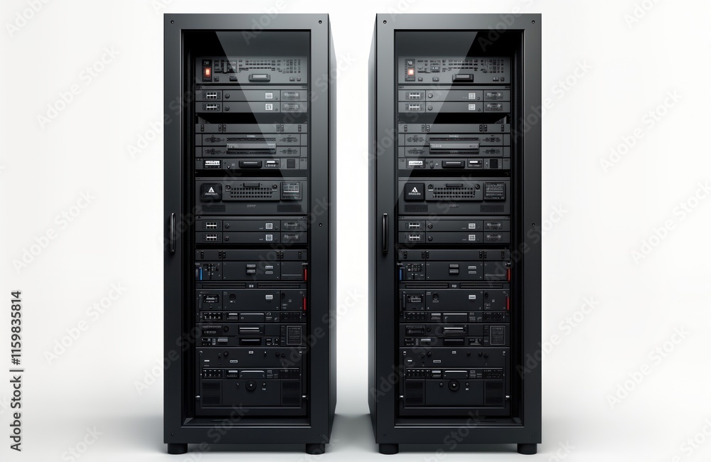 Poster two isolated server racks stand on white background. modern tech equipment. data center hardware. ne