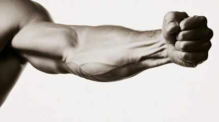 close-up of a muscular arm flexing with veins visible and clenched fist showcasing strength and definition in a sepia tone
