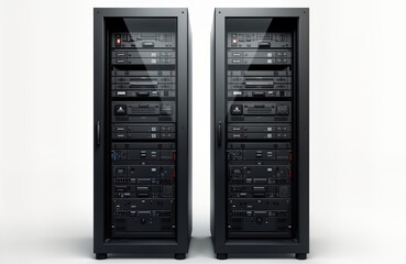 Obraz premium Two isolated server racks stand on white background. Modern tech equipment. Data center hardware. Network components. High-tech infrastructure. Connectivity, security. System design. Pro tech