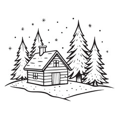 Naklejka premium Vector hand drawn winter mountain woodman house. Winter hiking scene
