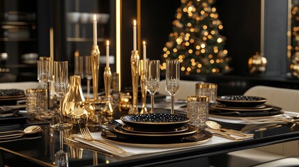 A luxury New Year's dinner setting with gold accents and sparkling candles