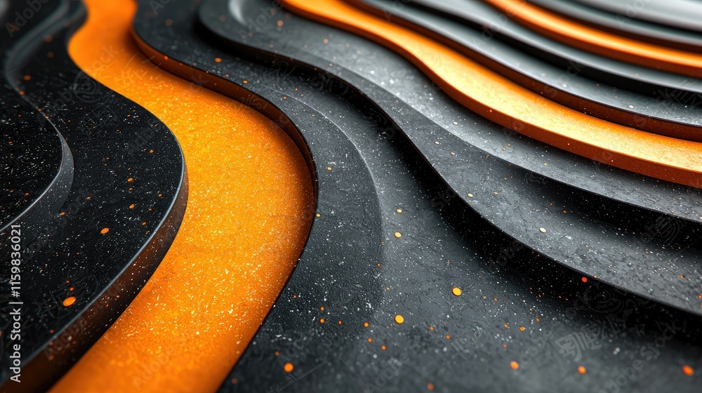 Poster abstract layered design with black and orange waves creating a dynamic visual effect.