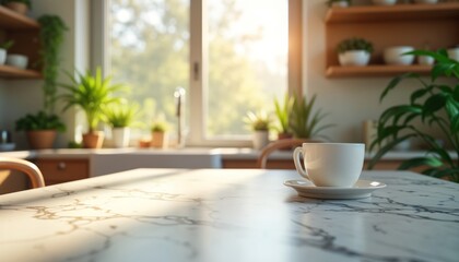 Empty marble table in modern kitchen. Sunny morning light streams through window. Blurred green plants, kitchen decor in background. Tranquil, relaxing home setting. Stylish minimalist interior