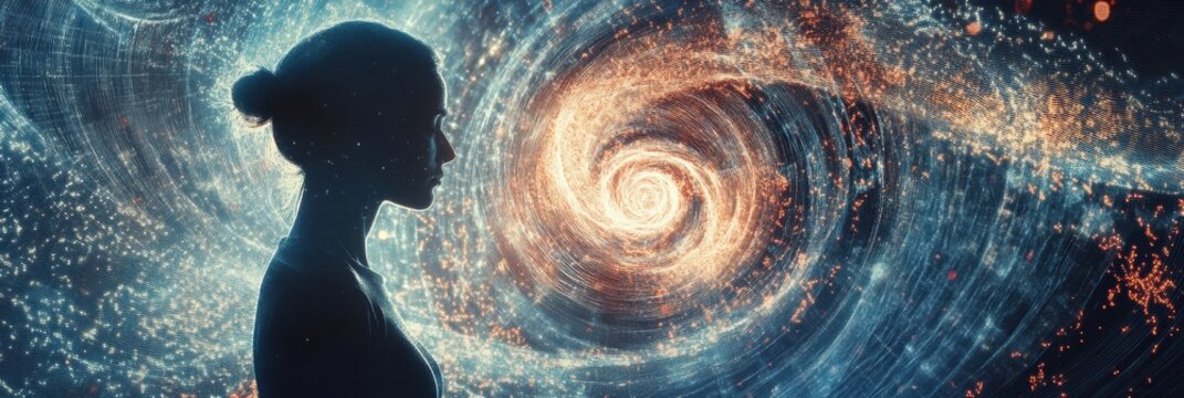 Silhouette within a swirling vortex representing the theme of loneliness and introspection in a cosmic setting. Generative AI