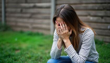 Woman sits on grass covering face with hands feeling shame and loneliness. Outdoors in garden near wooden fence. She is upset and frustrated. This photo evokes sense of despair and emotional distress.