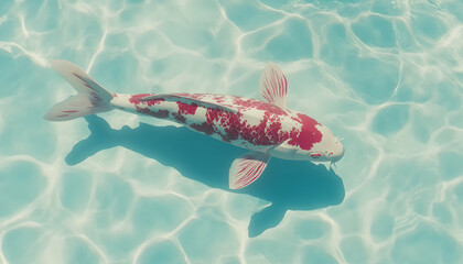 Serene koi fish gracefully swims in a crystal-clear pond, its vibrant colors contrasting beautifully with the tranquil water.