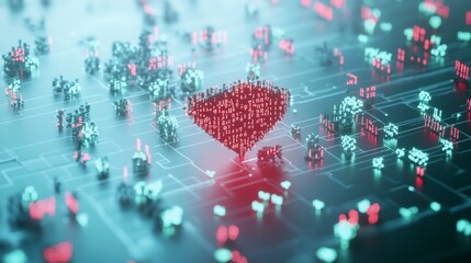 Innovative digital heart composed of binary code, representing advanced technology in data analytics and healthcare solutions. Conceptual visualization.