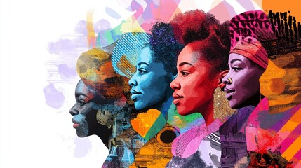 Vibrant illustration of African American women celebrating Black History Month, featuring bold colors and cultural patterns symbolizing strength, diversity, and heritage