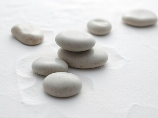 Tranquil japanese zen garden with carefully arranged stones on textured white sand, minimalist, peaceful
