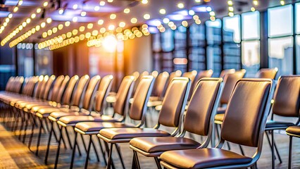 Fototapeta premium Empty Row of Chairs in Seminar Meeting Room with Bokeh Effect and Shallow Depth of Field for Event Preparation and Professional Gathering