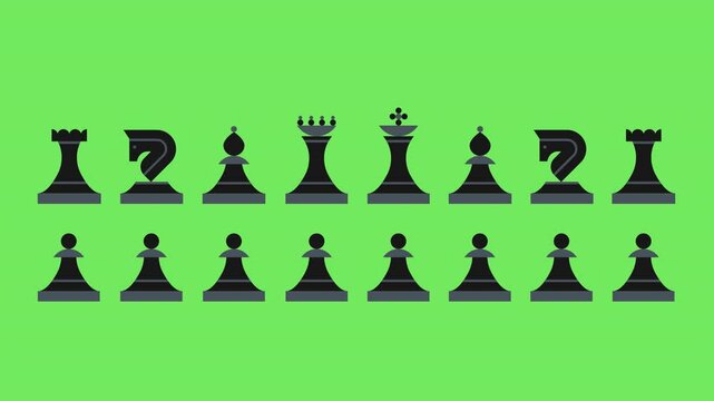 Set of black chess pieces. Chess legion animation on green background. 2D animation. The concept of board games. Alpha channel. 4K.