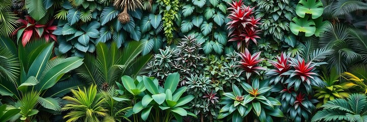 Tropical trees with varied leaves in multiple colors and sizes create a lush garden backdrop, varieties, colors