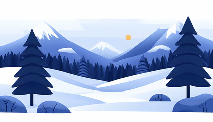 Fototapeta premium Serene winter landscape illustration featuring snow-covered mountains, pine trees, and a peaceful valley. Perfect for holiday cards, calendars, or winter-themed projects.
