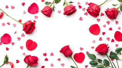 Valentine's Day round frame made of rose flowers confetti on white background, flowers, top view