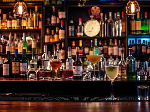 Variety of alcoholic drinks displayed on wooden bar table for design, drinks, bar