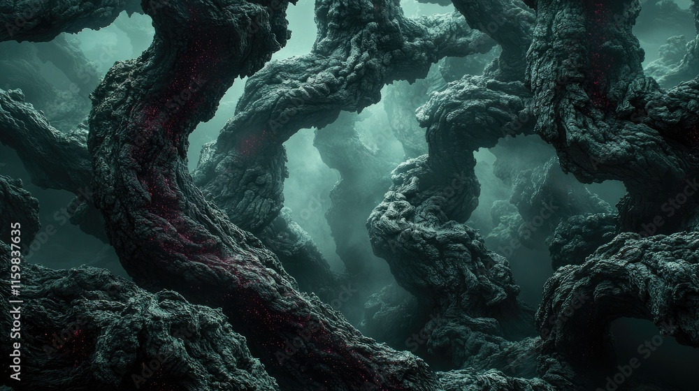 Poster abstract representation of twisted, organic structures resembling roots or branches in a misty envir