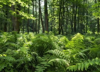 Lush fern forest floor bathed in sunlight.