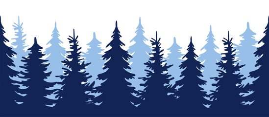 Silhouette of a winter forest, seamless forest silhouette border,  illustration of a christmas tree, forest silhouette, pine trees, vector illustration