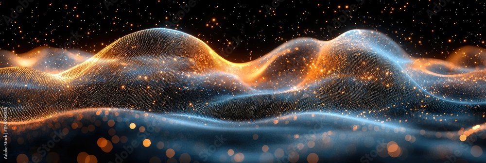 Poster abstract visual of flowing waves with glowing particles, evoking a sense of depth and movement.