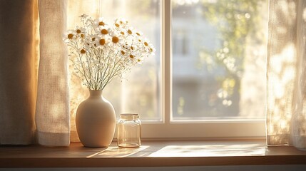Daisies in vase sunlight windowsill setting