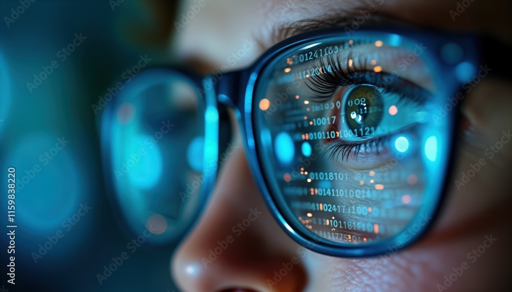 Poster close-up view of person focused on digital data reflected in glasses. binary code visible in eye len