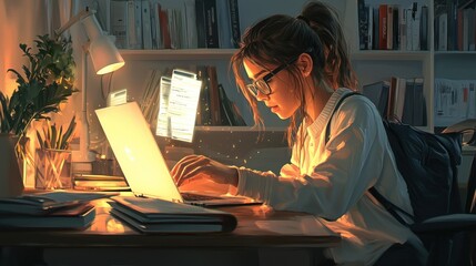 Young woman studying late at night on laptop in library.