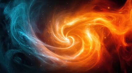 Abstract swirling cosmic nebula with blue and orange flames.
