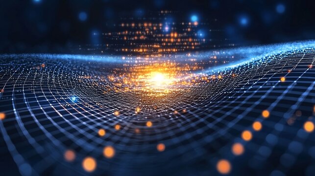 Abstract digital wave with glowing particles.