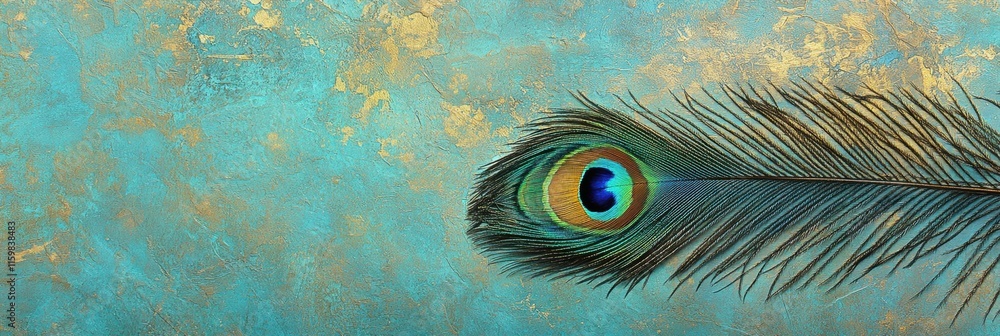 Poster intricate details of a single peacock feather showcasing vibrant colors and complex patterns with am
