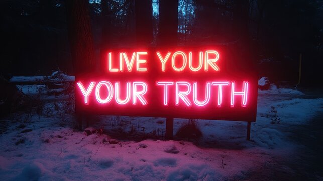 Neon sign "Live Your Truth" in snowy forest at night.