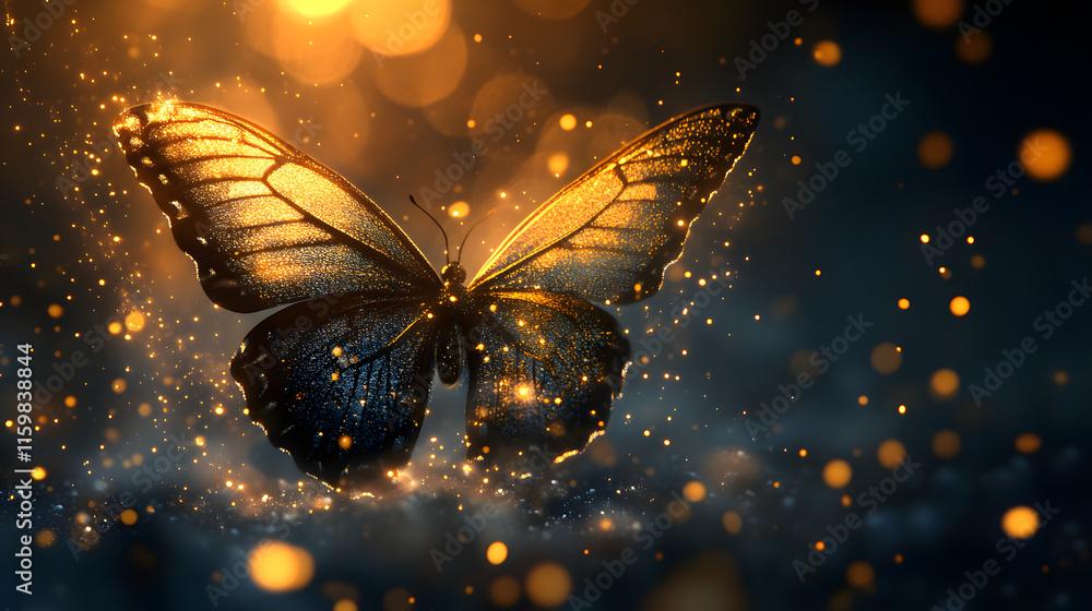 Poster golden butterfly with sparkling lights and bokeh background.
