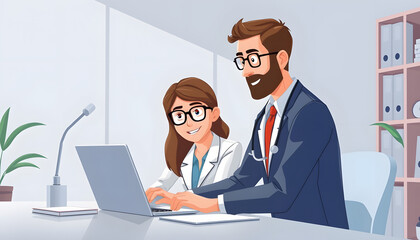 Psychologist with patient discussing over laptop at workplace isolated with white highlights, png