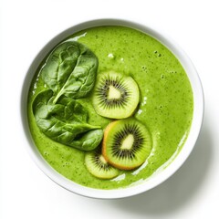 Bright green smoothie in a bowl. Featuring spinach and kiwi