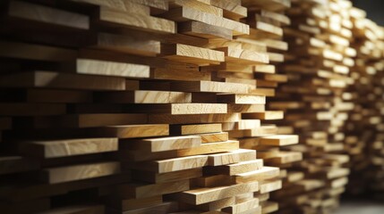 Stacked pine wood planks in a factory, showcasing storage and organization of wooden materials