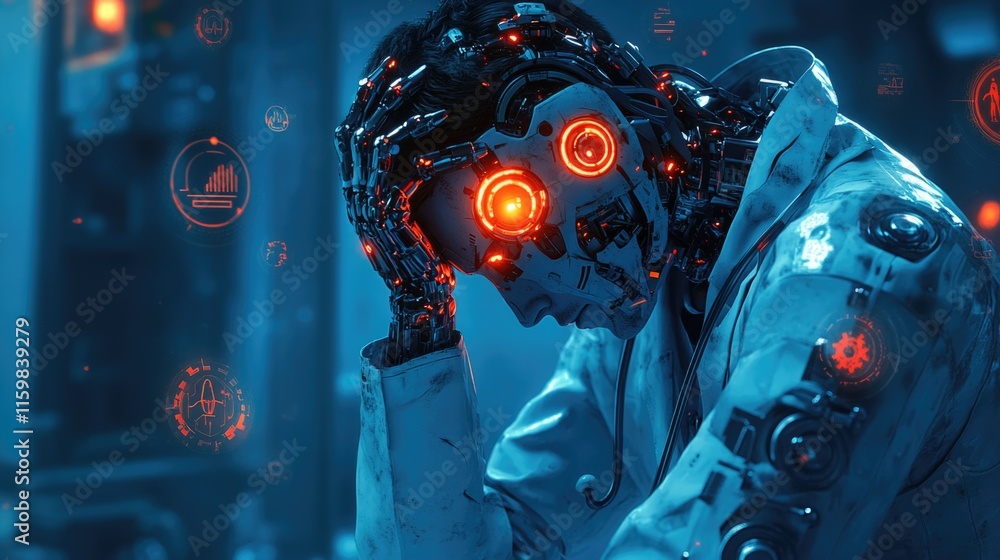 Poster futuristic cyborg in lab coat analyzing data with holographic interface