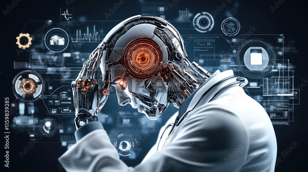 Poster futuristic robot with advanced technology interface