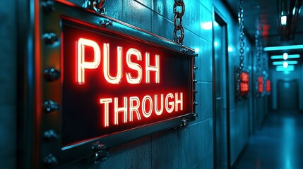 Neon sign reading "Push Through" on a metallic frame in a futuristic hallway.