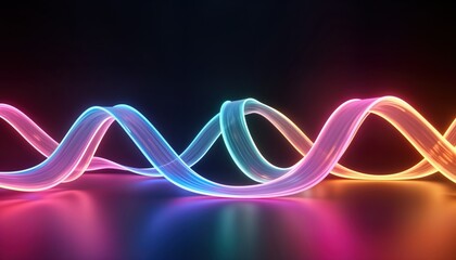 Abstract 3D rendering of colorful wavy ribbons in black room. Neon glow, gradient colors, smooth curves create vibrant, futuristic design. Ribbons appear to float, dynamic form adds sense of