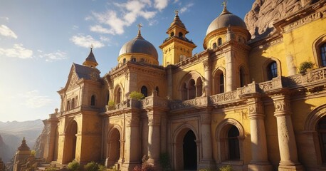 Obraz premium Yellow-walled ancient monastery under a sunny afternoon sky with domes and intricate stonework, warm, old, clear