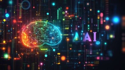Fototapeta premium Futuristic digital brain with ai theme and neon lights