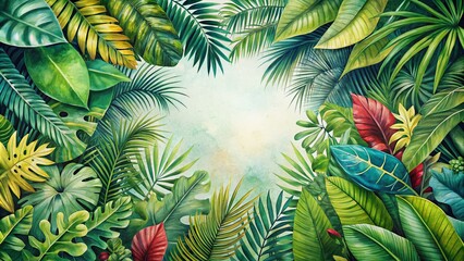 Naklejka premium Drone Shot: Watercolor Tropical Leaves Circle Frame