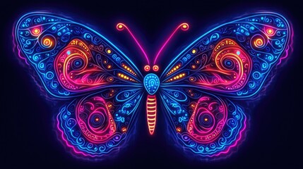 Vibrant neon butterfly with intricate patterns and swirling designs