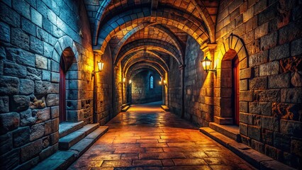 Obraz premium Dungeon Hallway, Rule of Thirds, Castle, Underground, Gothic Architecture, Mysterious, Dark, Stone, Fantasy, Medieval
