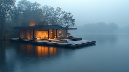Modern Lake House Illuminated in Misty Dawn