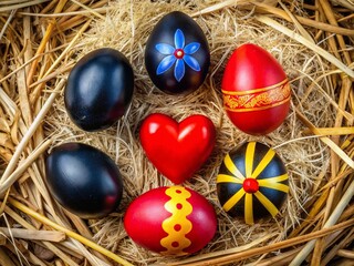 Easter Eggs, Colorful Symbols on Straw - Top View